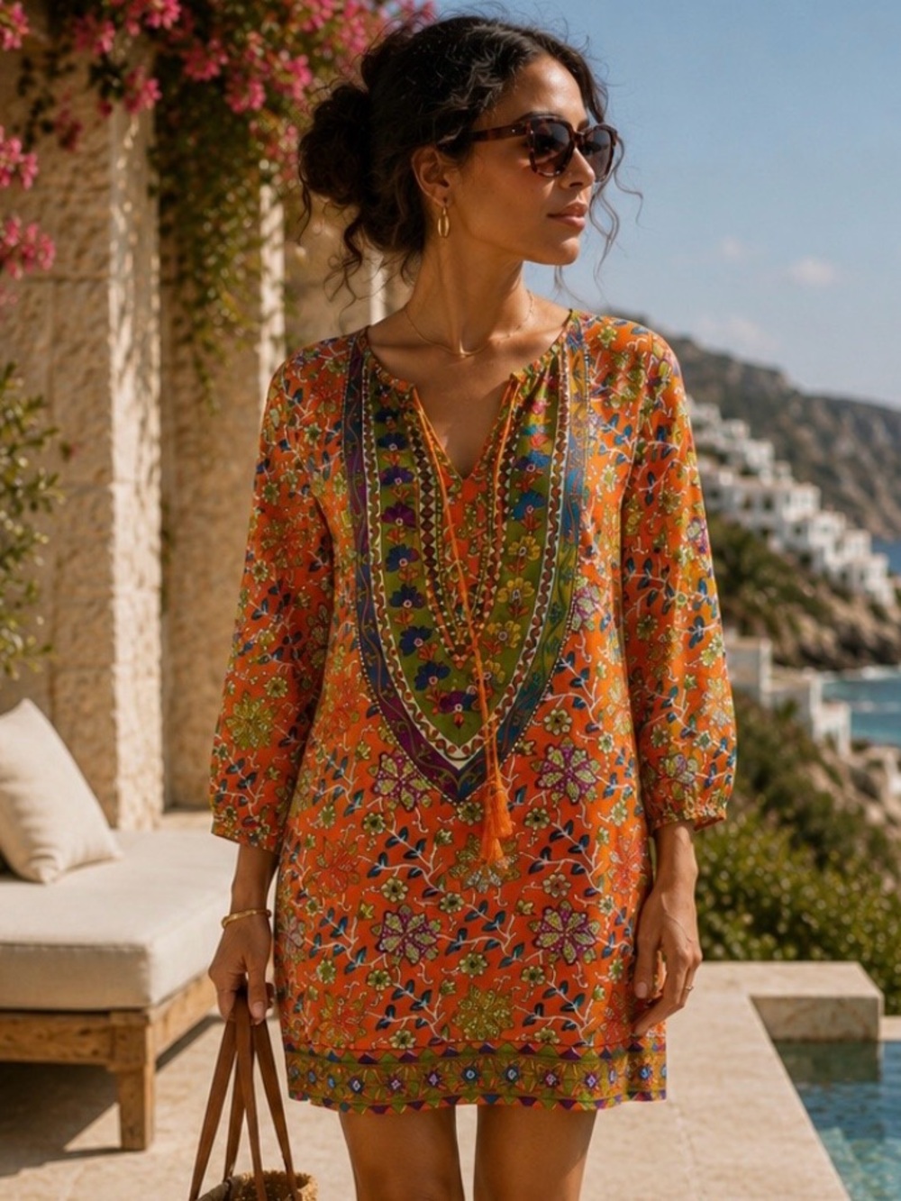 TOLANI 100% Silk Orange Floral V-Neck Tunic Cover-Up